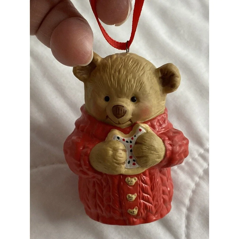 Vtg Christmas Ornament 2001 Hallmark Keepsake Snuggly Sugar Bear Bell Porcelain.